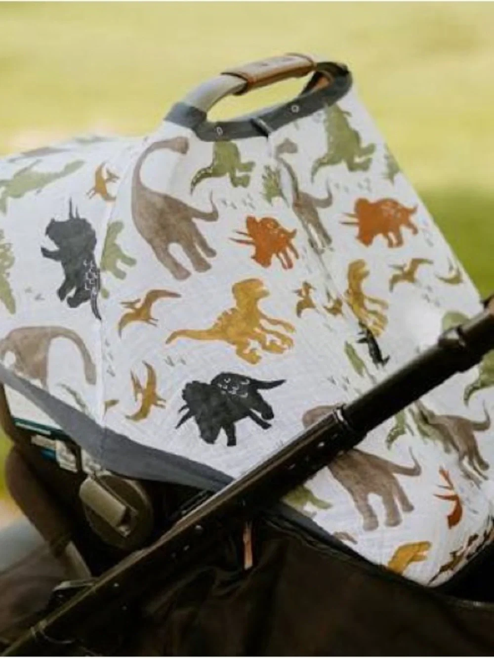 Baby Car Seat Cover with Dinosaur Print in White and Navy Trim